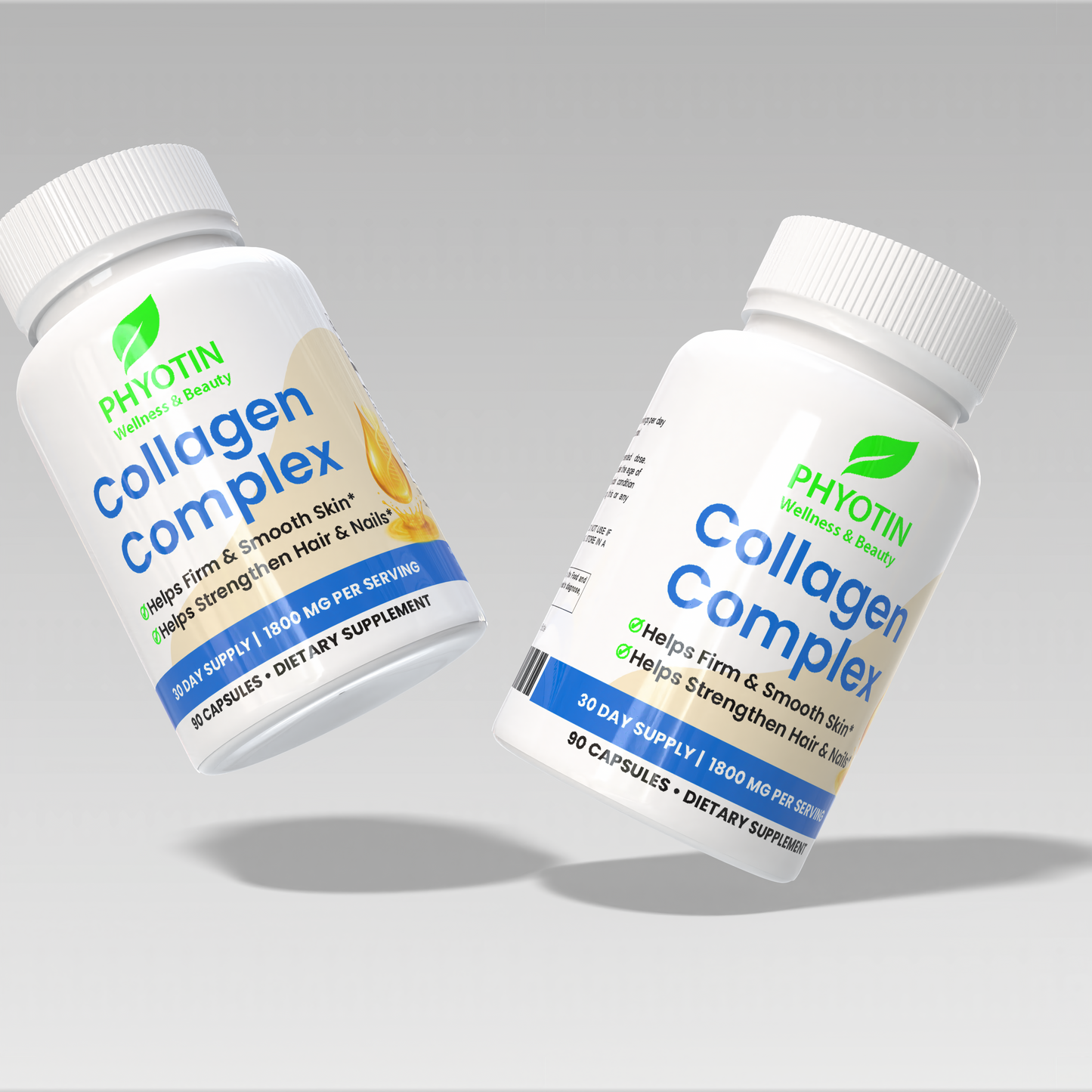 Two bottles of Phyotin Collagen Complex on a gray background