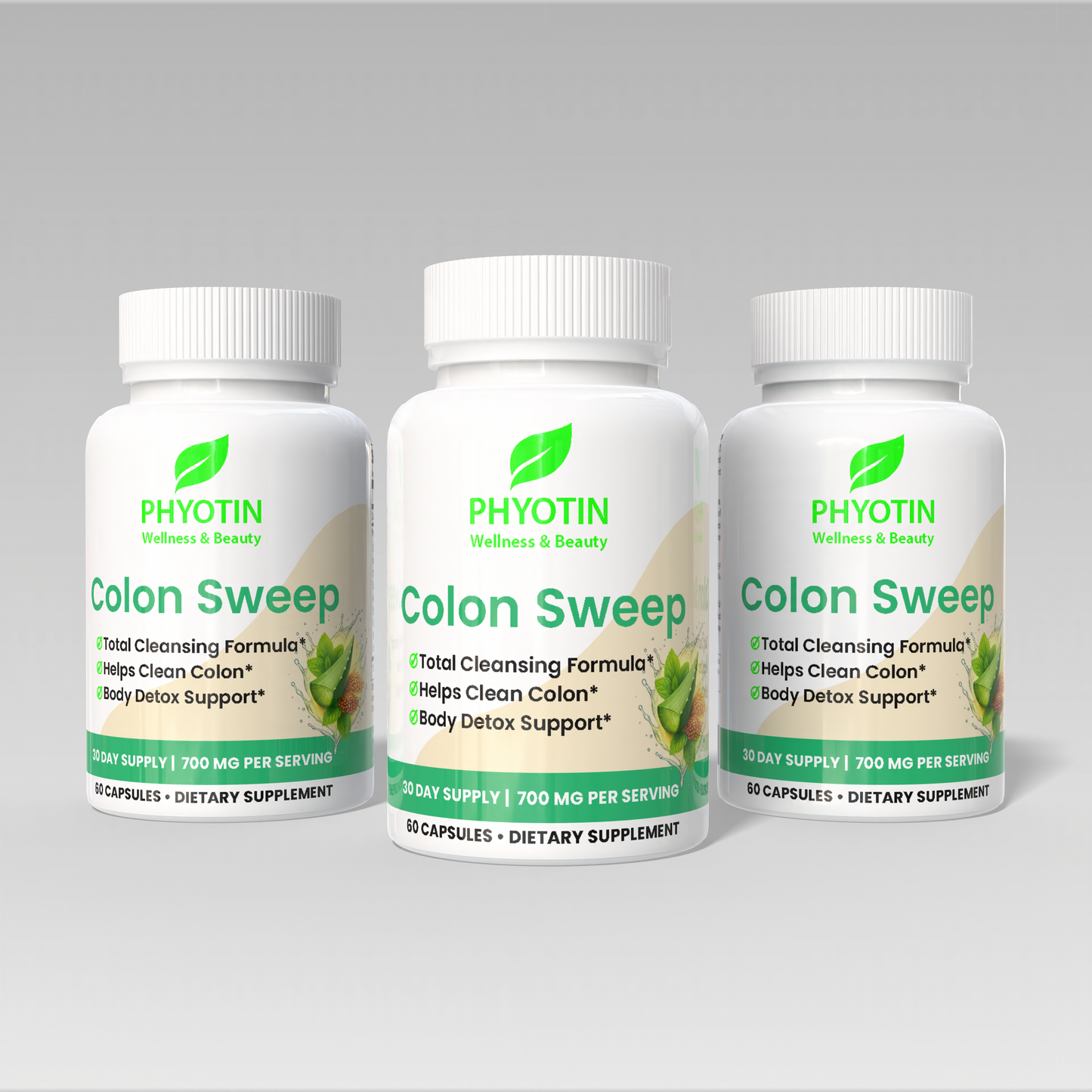 Three bottles of Phyotin Colon Sweep dietary supplements on a gray background