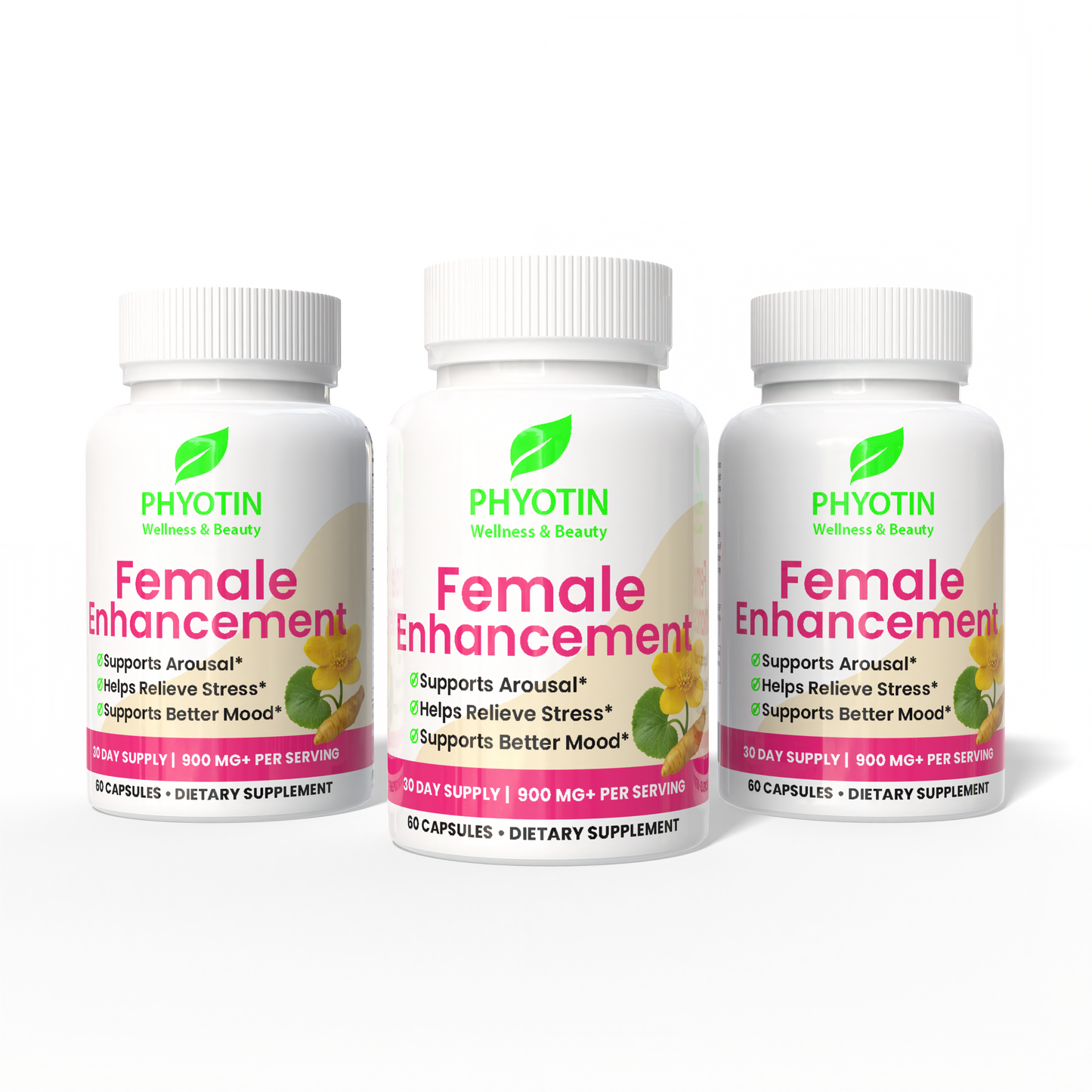 Three bottles of Phyotin Female Enhancement supplements on a white background