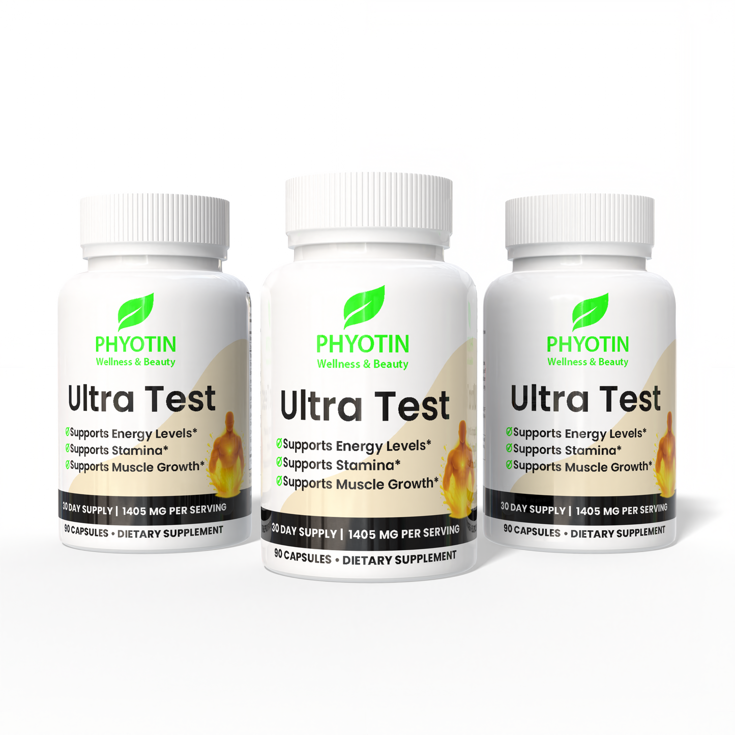 Three bottles of PHYOTIN Ultra Test dietary supplements on a white background