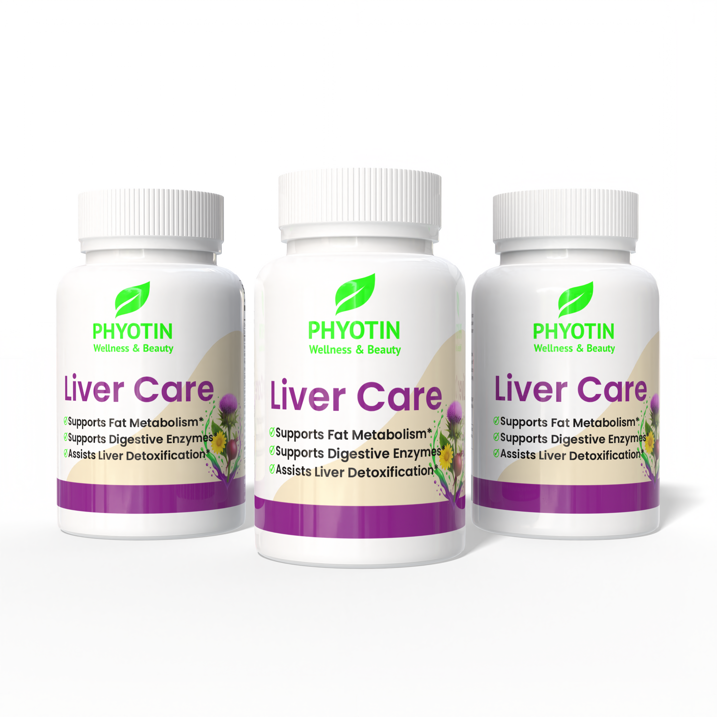 Three bottles of PHYOTIN Liver Care supplements on a white background
