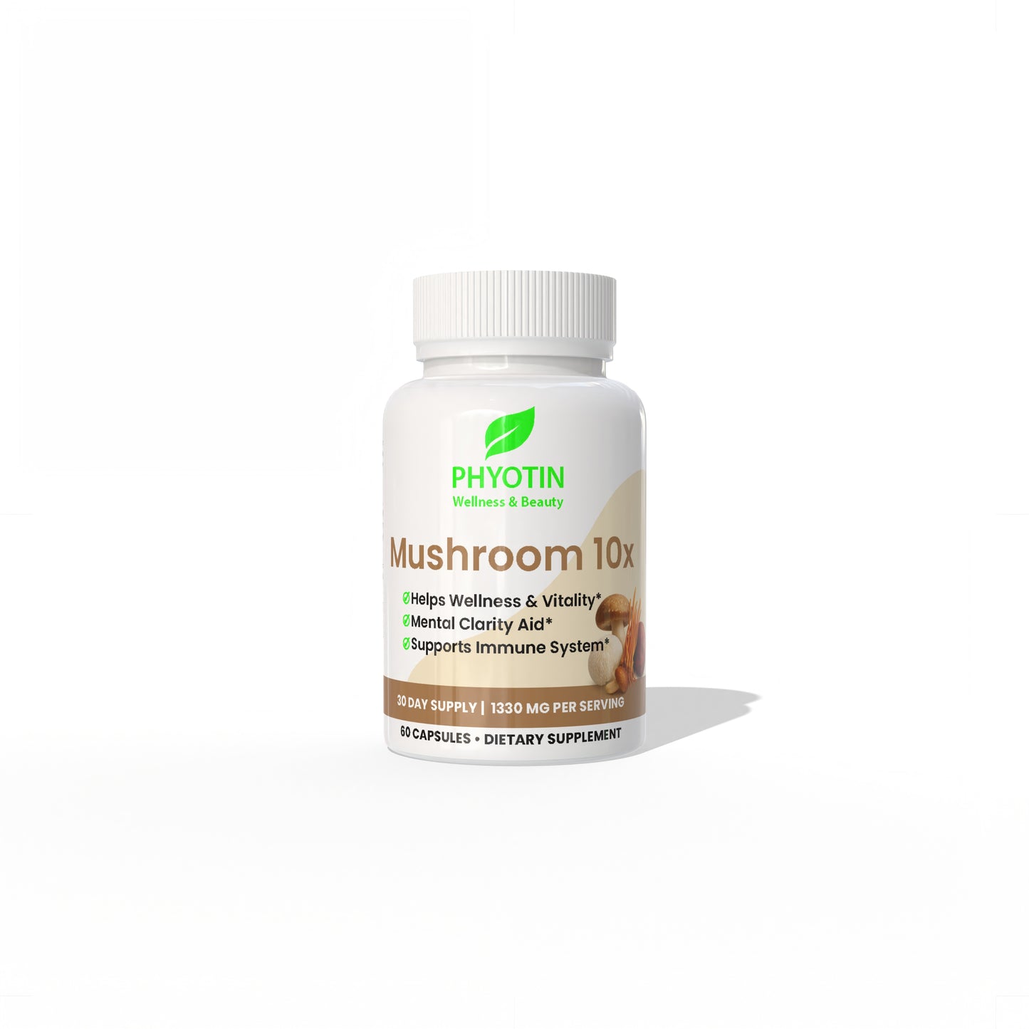 Supplement bottle labeled 'Mushroom 10x' by Phyotin on a white background