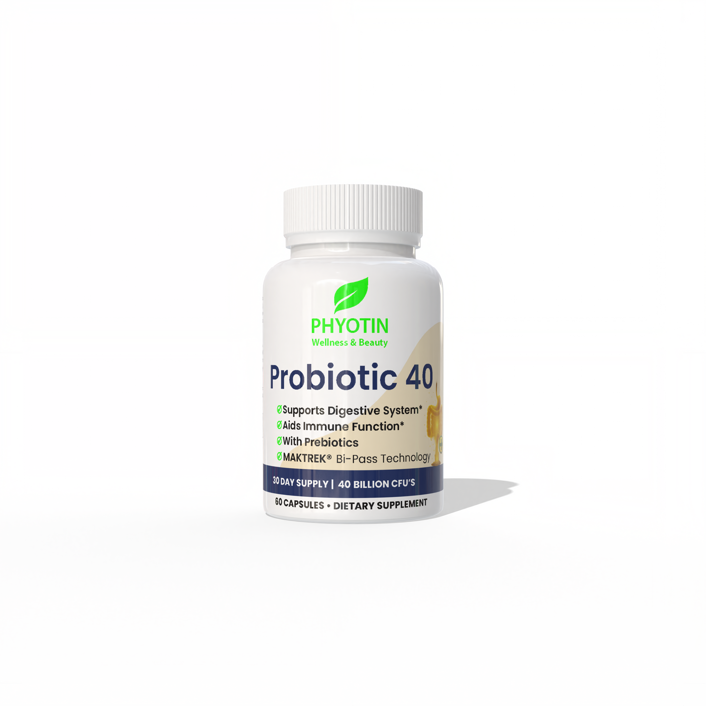 Phyotin Probiotic 40 supplement bottle on a white background