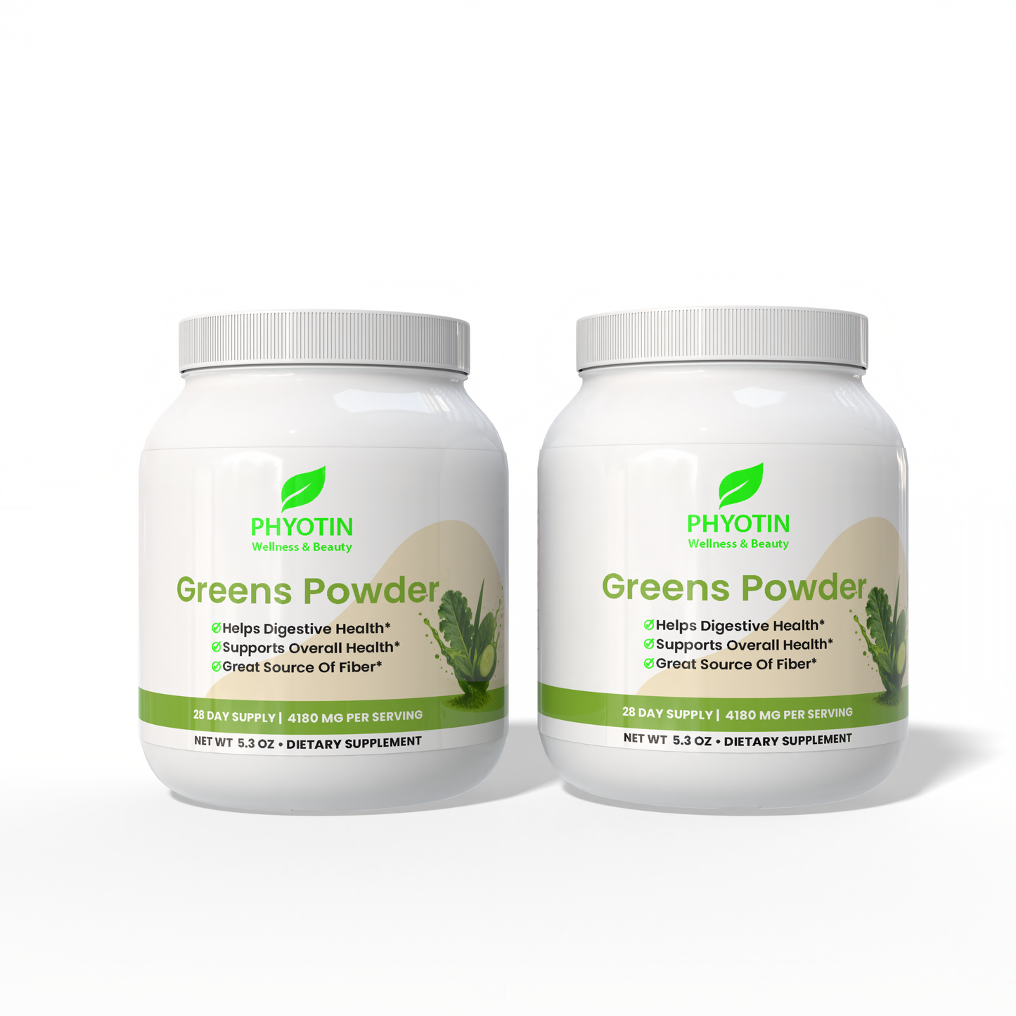 Two bottles of Phyotin Greens Powder on a white background