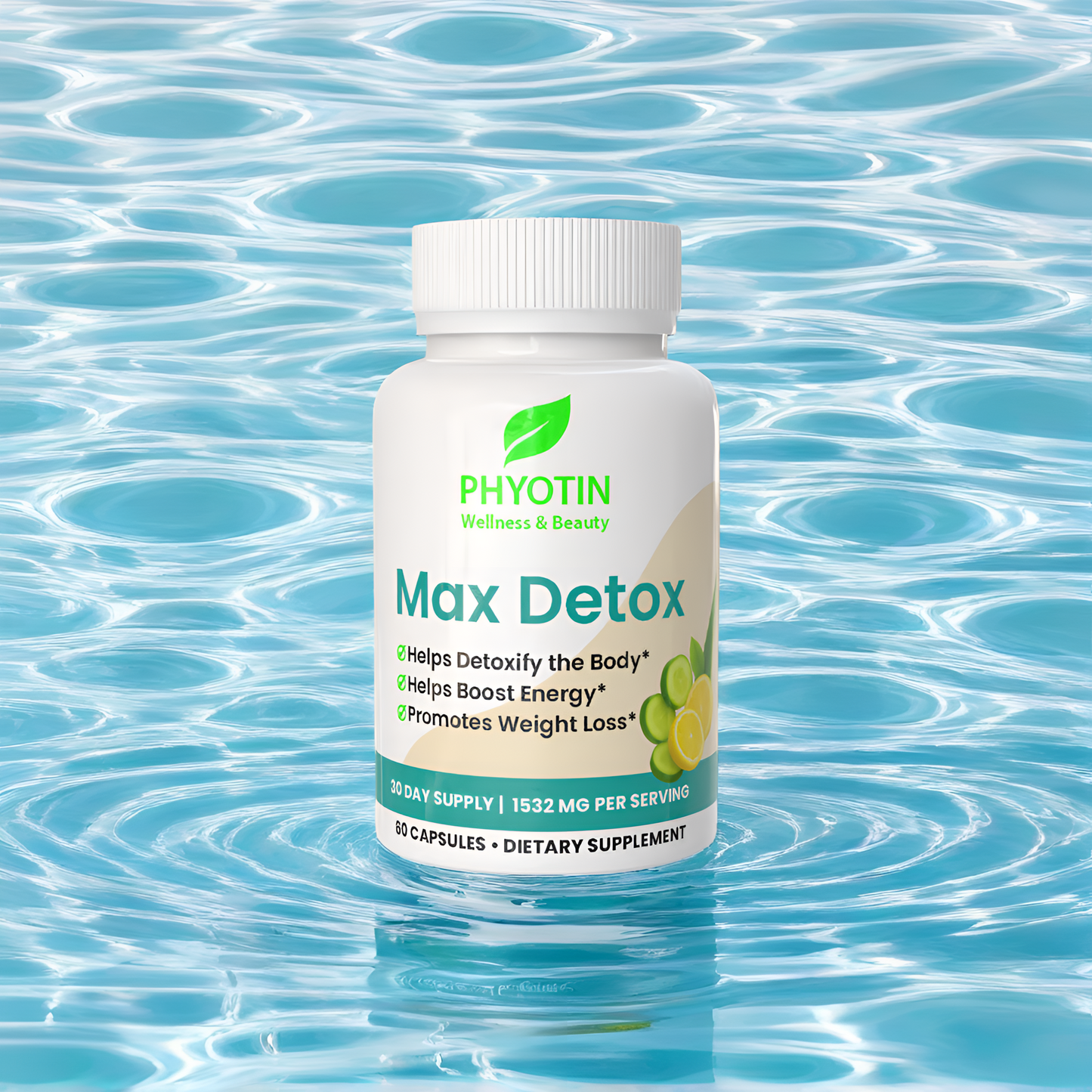 Phyotin Max Detox supplement bottle on a water background