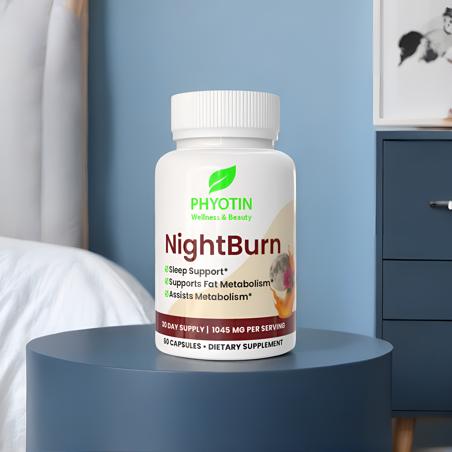 Phyotin NightBurn supplement bottle on a blue surface with a blurred bedroom background