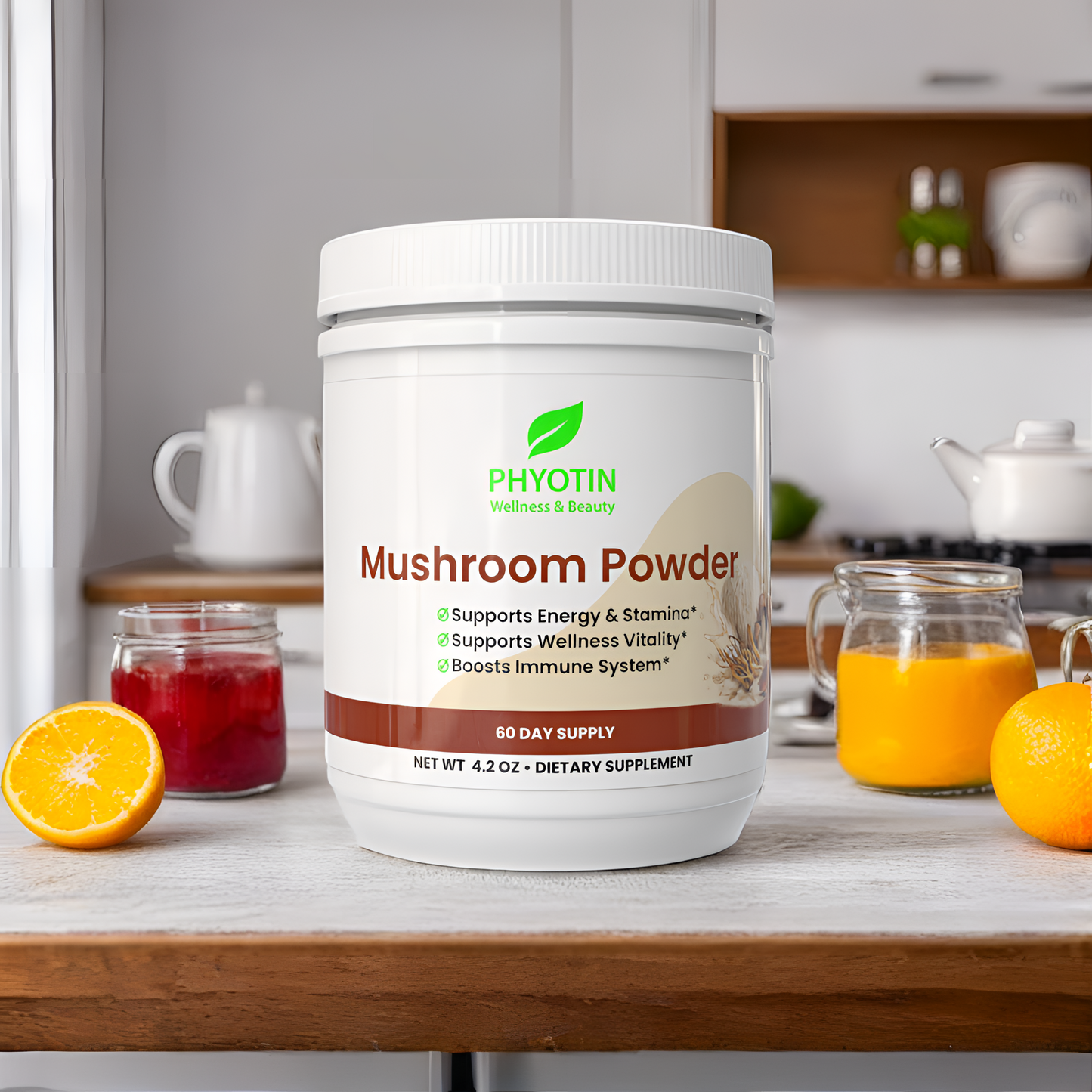 Container of Phyotin Mushroom Powder on a kitchen counter with fruits and a teapot in the background.