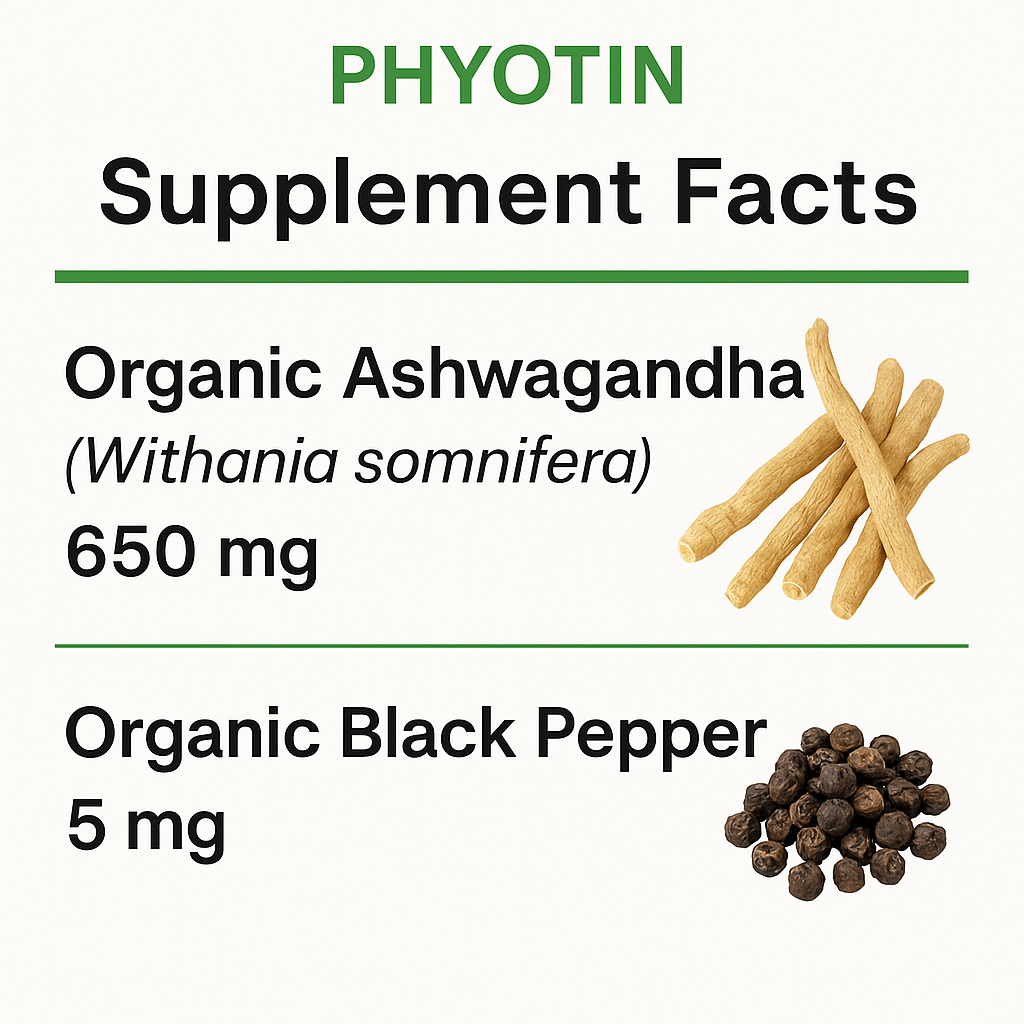 🌿 Ashwagandha 650mg Organic - PHYOTIN Stress Relief & Sleep Support Supplement | 60 Capsules 😴