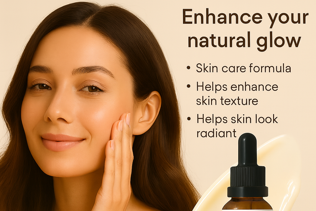 Woman touching her face with a skin care product and text about enhancing natural glow.