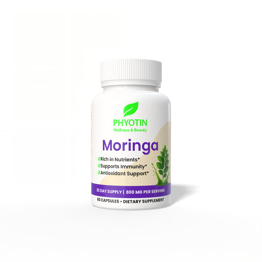 Phyotin Moringa supplement bottle for energy, immunity, and antioxidant support
