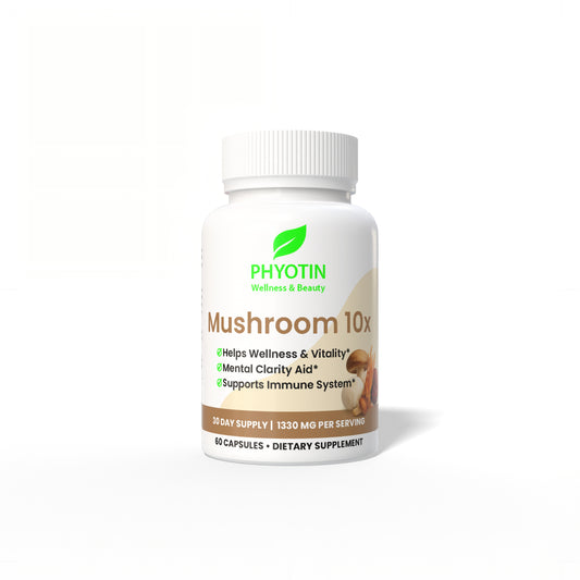 Phyotin Mushroom 10X supplement bottle with functional mushrooms for focus and immunity