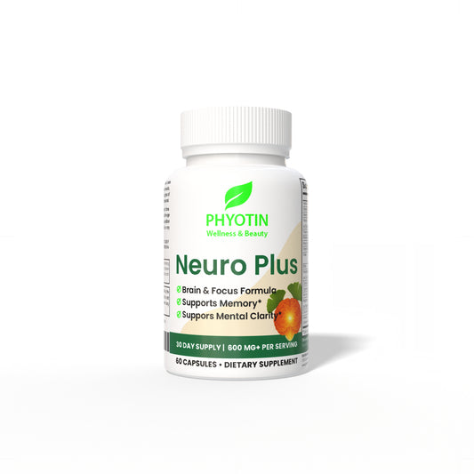 Phyotin Neuro Plus brain support supplement bottle for focus, memory, and mental clarity