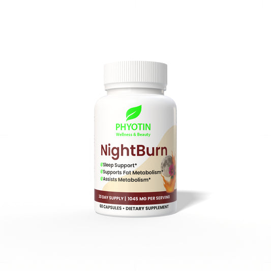 Phyotin Night Time Fat Burner supplement bottle for sleep support and metabolism balance