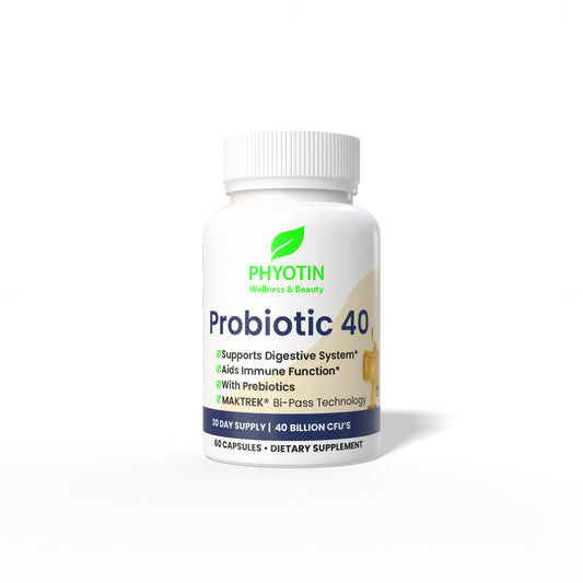 Phyotin Probiotic 40 supplement bottle for digestive balance and immune system support