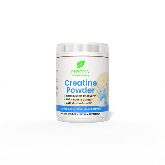 Phyotin Creatine Monohydrate powder container for muscle strength and performance
