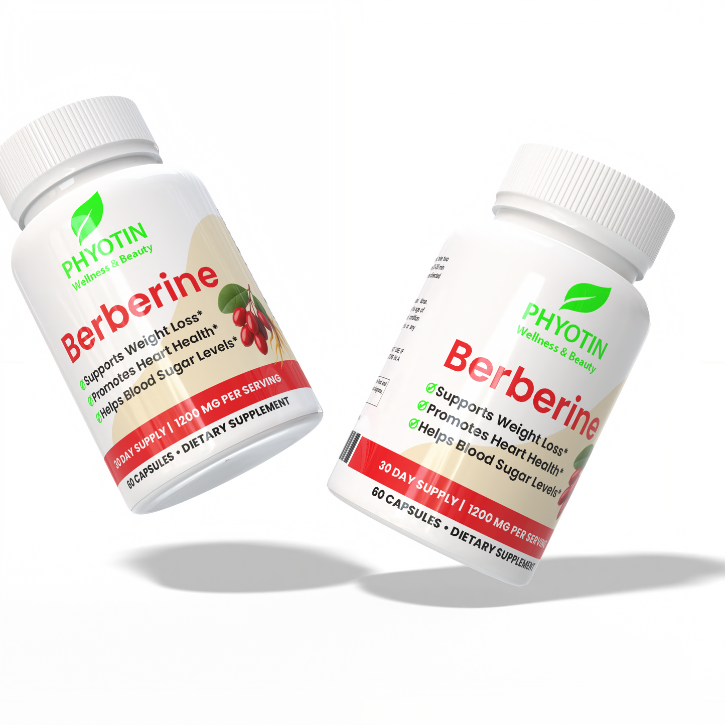 Two bottles of Phyotin Berberine dietary supplements on a white background