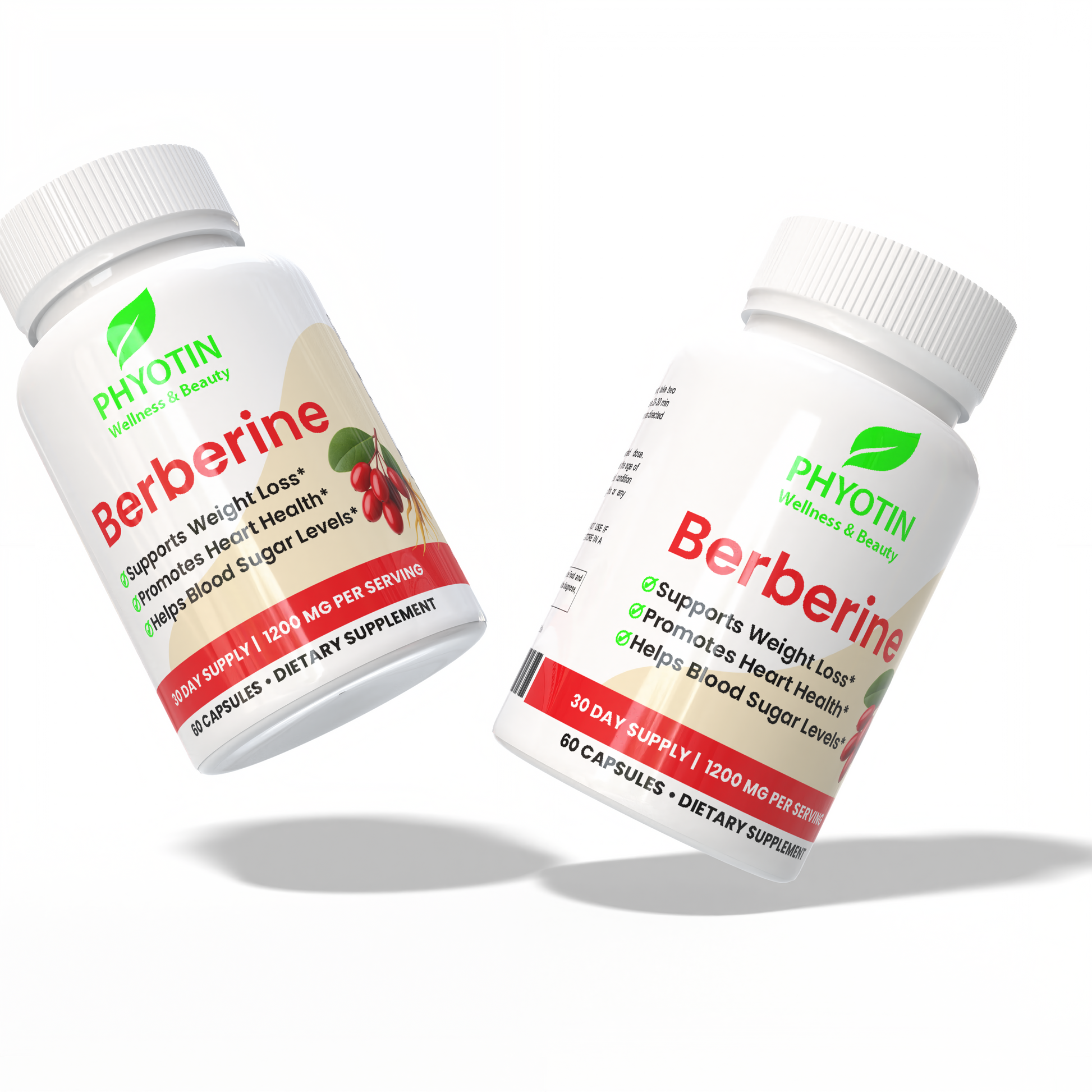 Two bottles of Phyotin Berberine dietary supplements on a white background