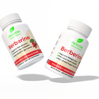 Two bottles of Phyotin Berberine dietary supplements on a white background