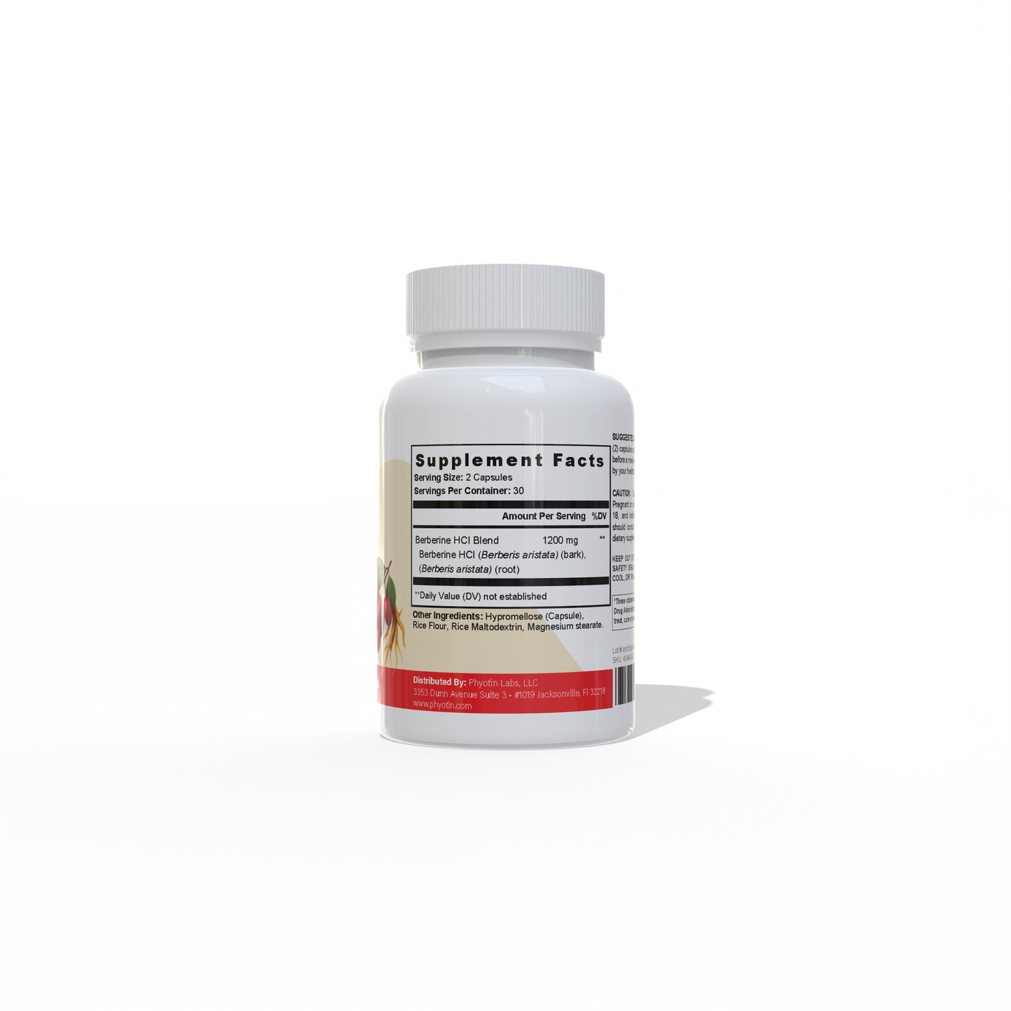 Phyotin Berberine 1200 mg supplement back of bottle
