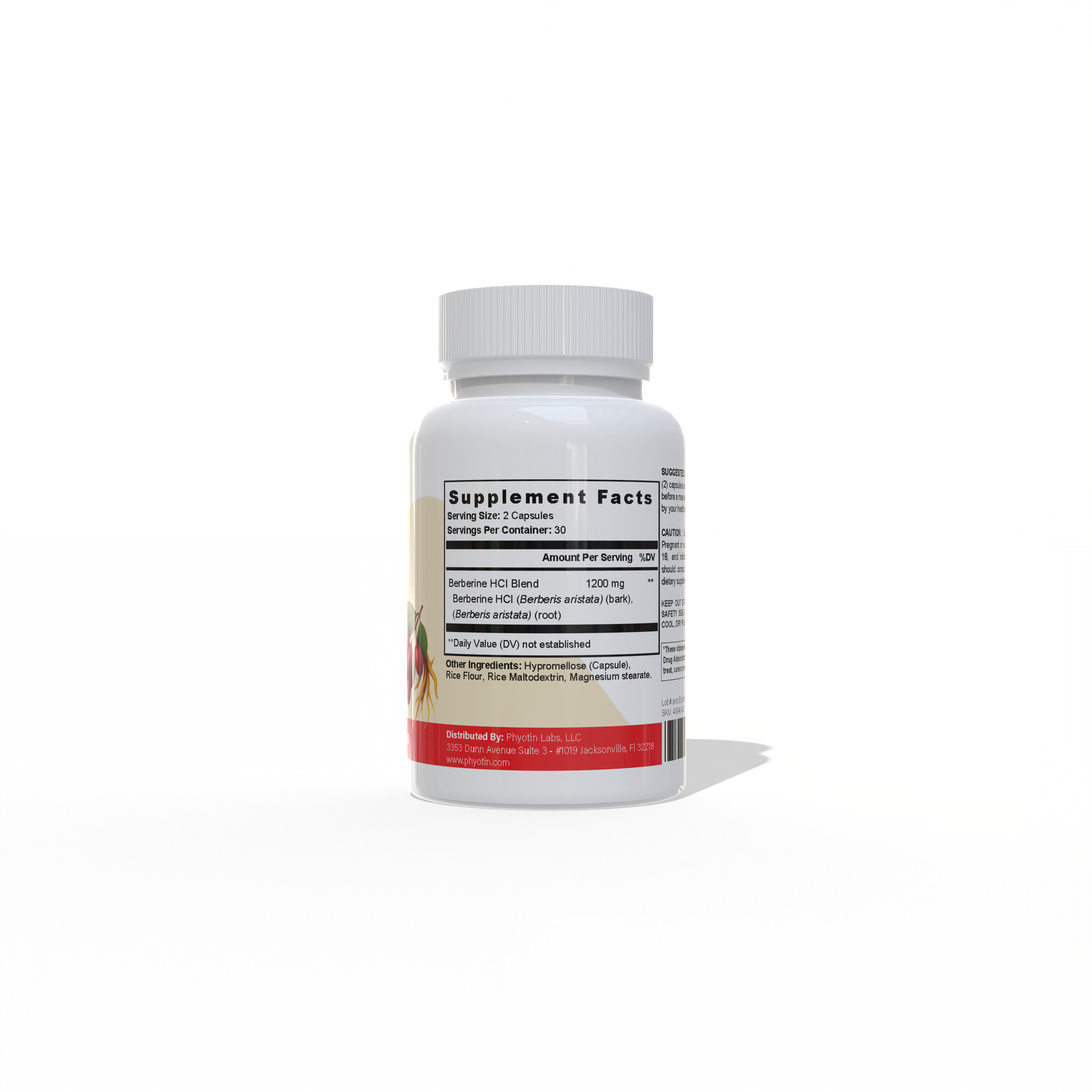 Phyotin Berberine 1200 mg supplement back of bottle

