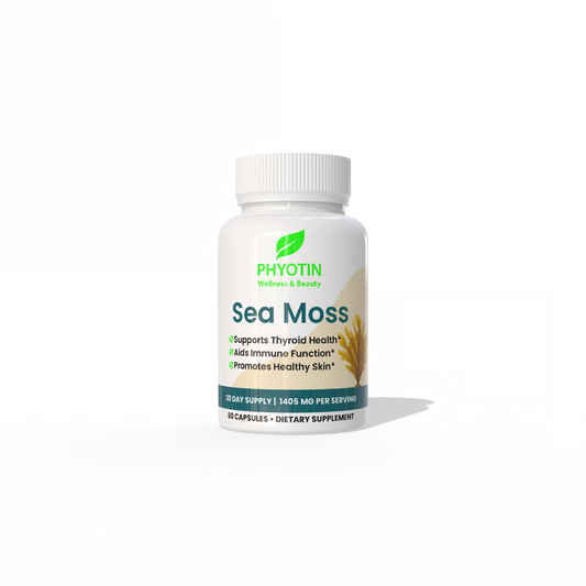 Phyotin Sea Moss Complex supplement bottle with Irish sea moss and bladderwrack
