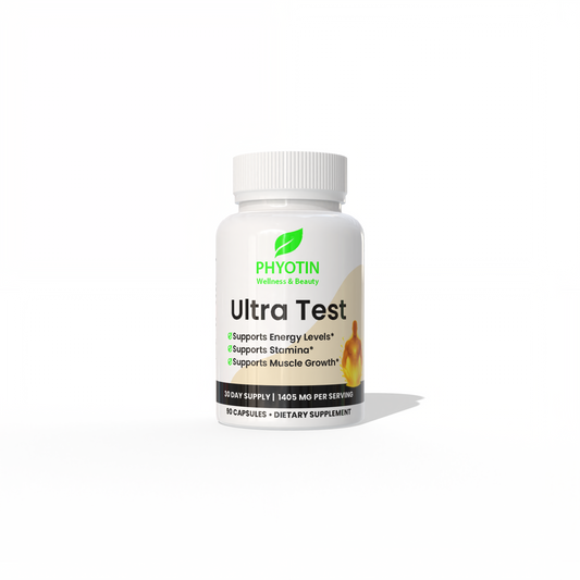 Phyotin Ultra Test for Men supplement bottle for testosterone, energy, and vitality support
