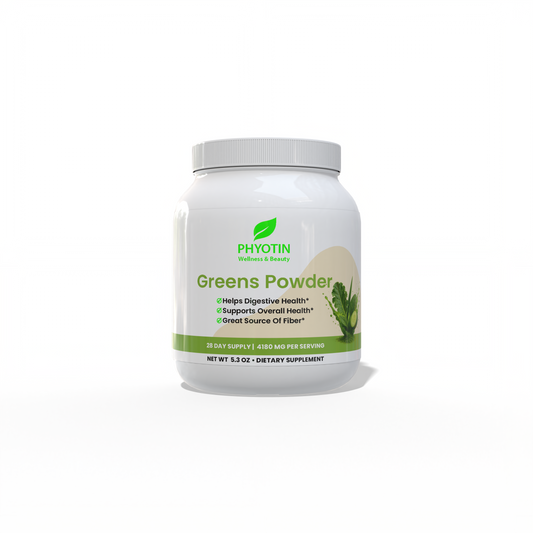 Phyotin Greens Powder daily superfood blend supplement bottle for energy and wellness support