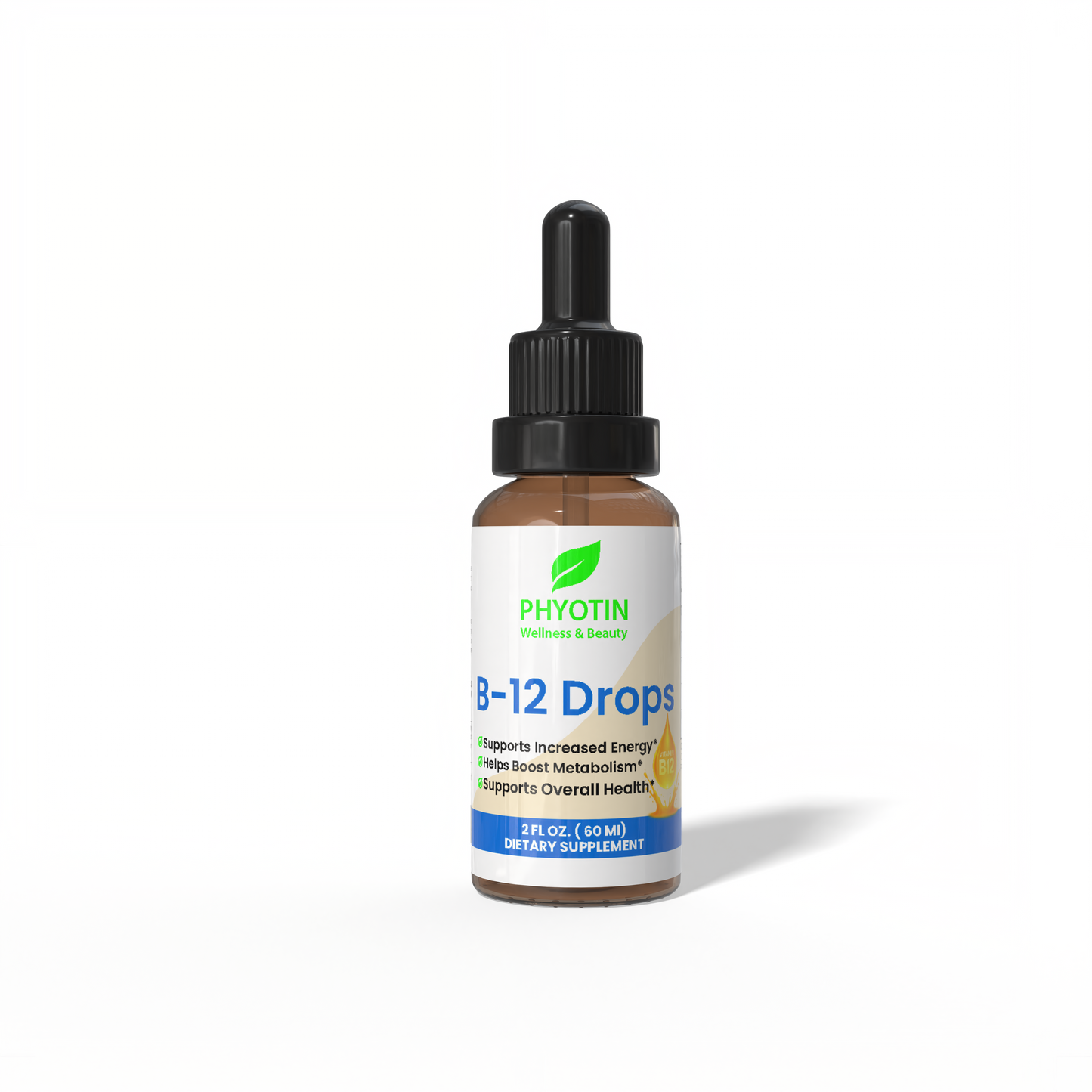 Phyotin B-12 liquid drops bottle with methylcobalamin and hydroxocobalamin for energy support
