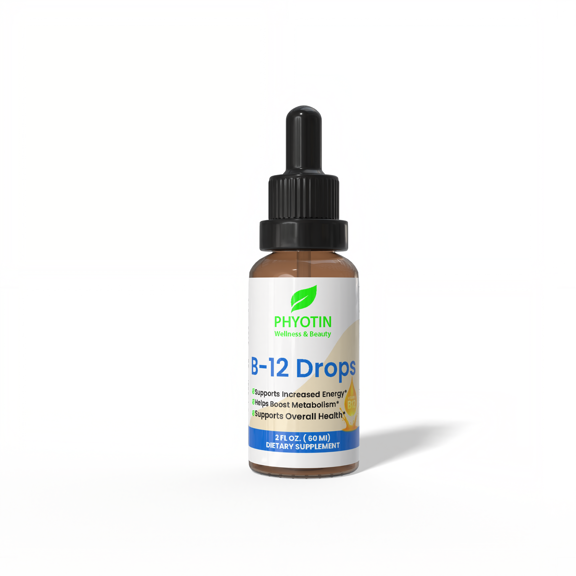 Phyotin B-12 liquid drops bottle with methylcobalamin and hydroxocobalamin for energy support
