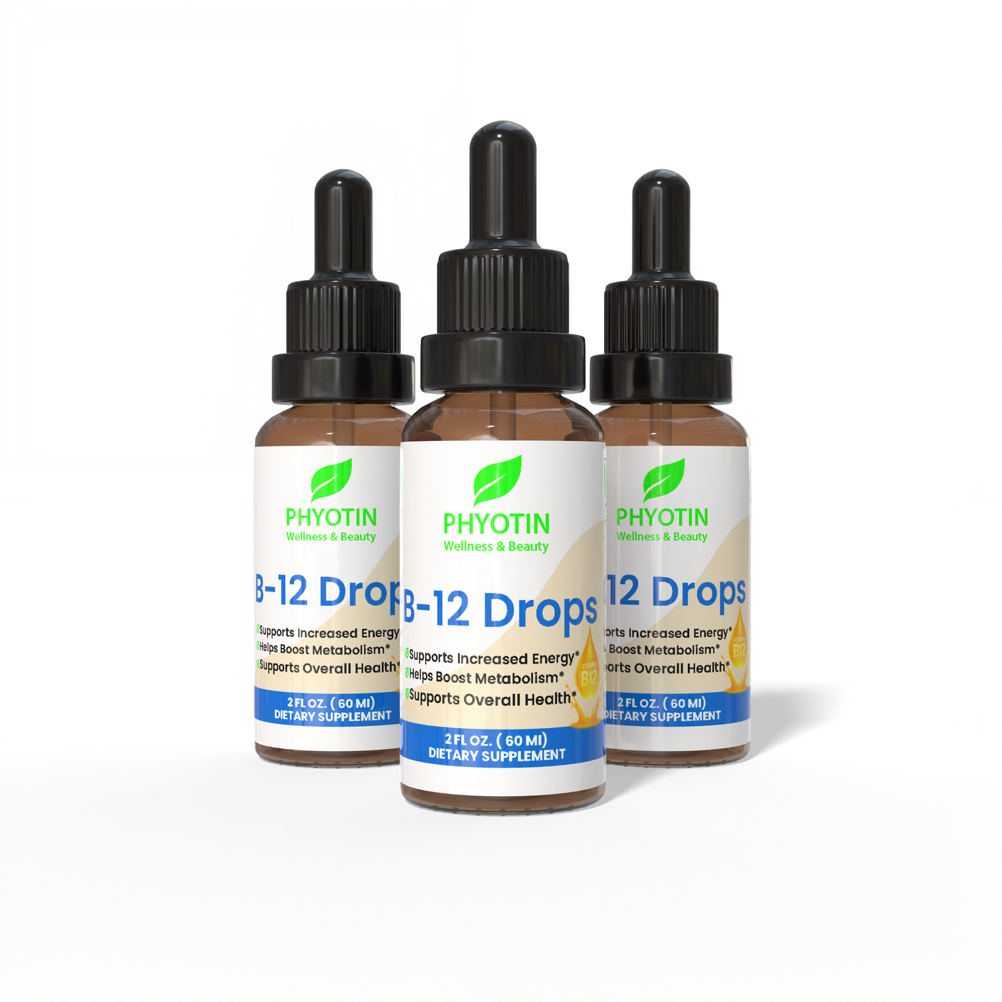 Three bottles of Phyotin B-12 Drops on a white background