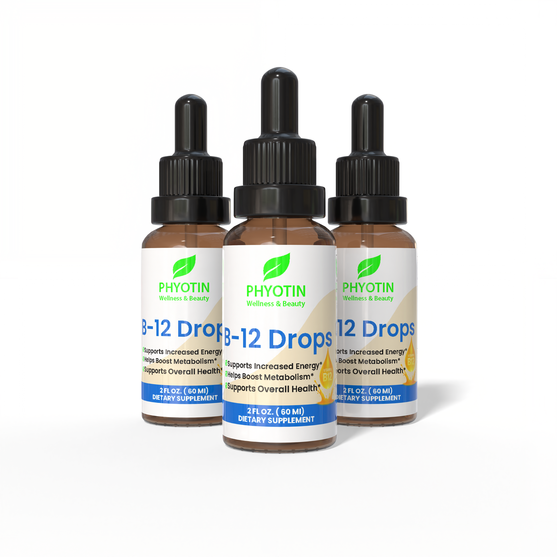 Three bottles of Phyotin B-12 Drops on a white background