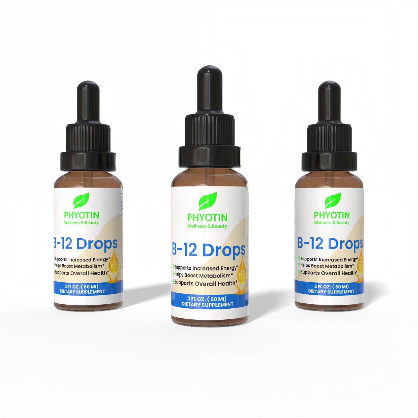 Three bottles of Phyotin B-12 Drops on a white background