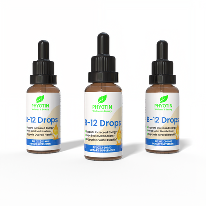 Three bottles of Phyotin B-12 Drops on a white background