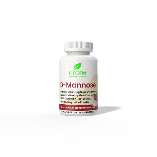 Supplement bottle labeled 'D-Mannose' by Phyton on a white background