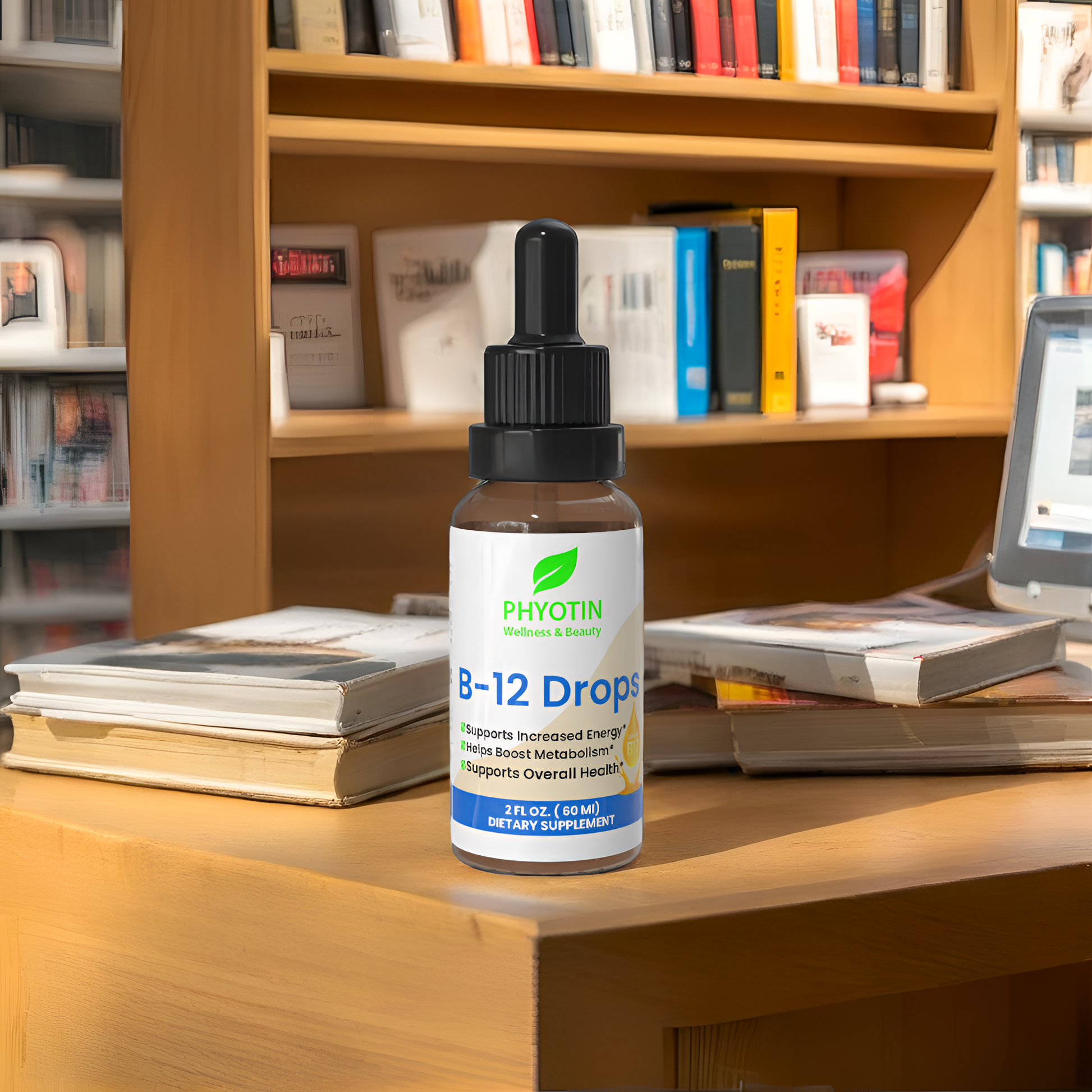 B-12 drops bottle on a wooden surface with a bookshelf in the background