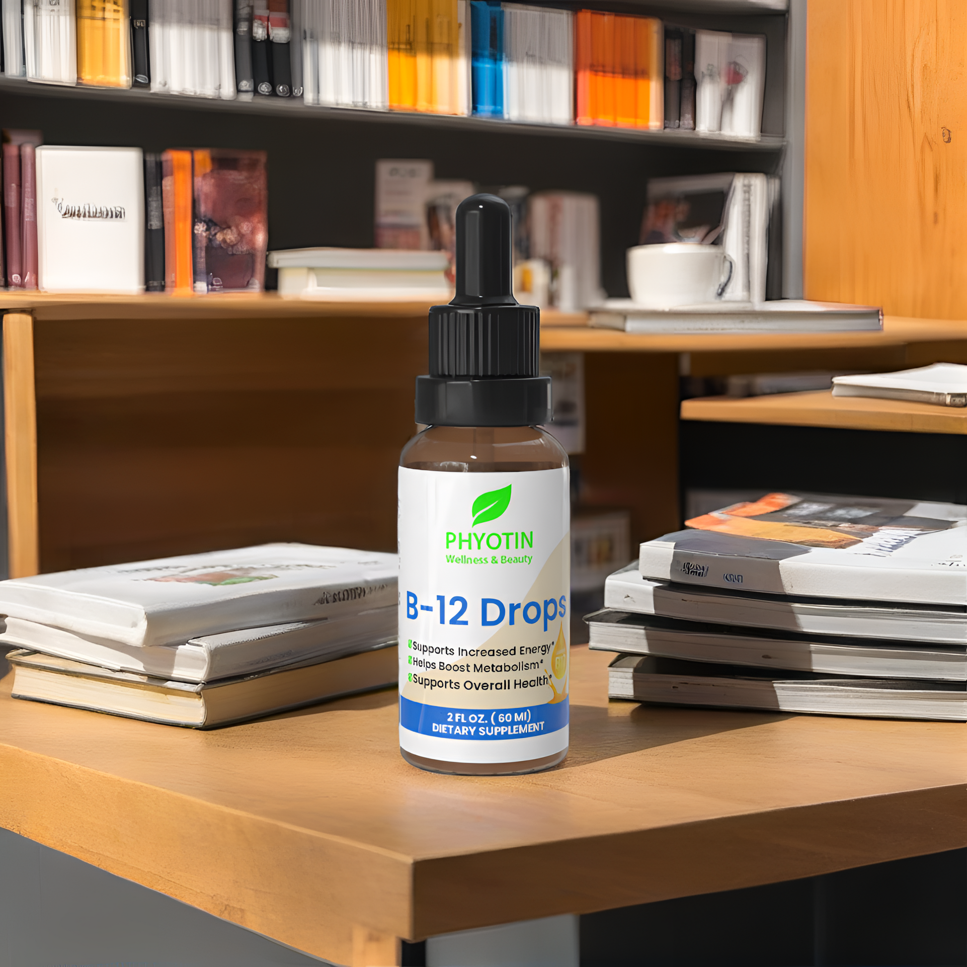 B-12 drops bottle on a desk with books and a computer in the background