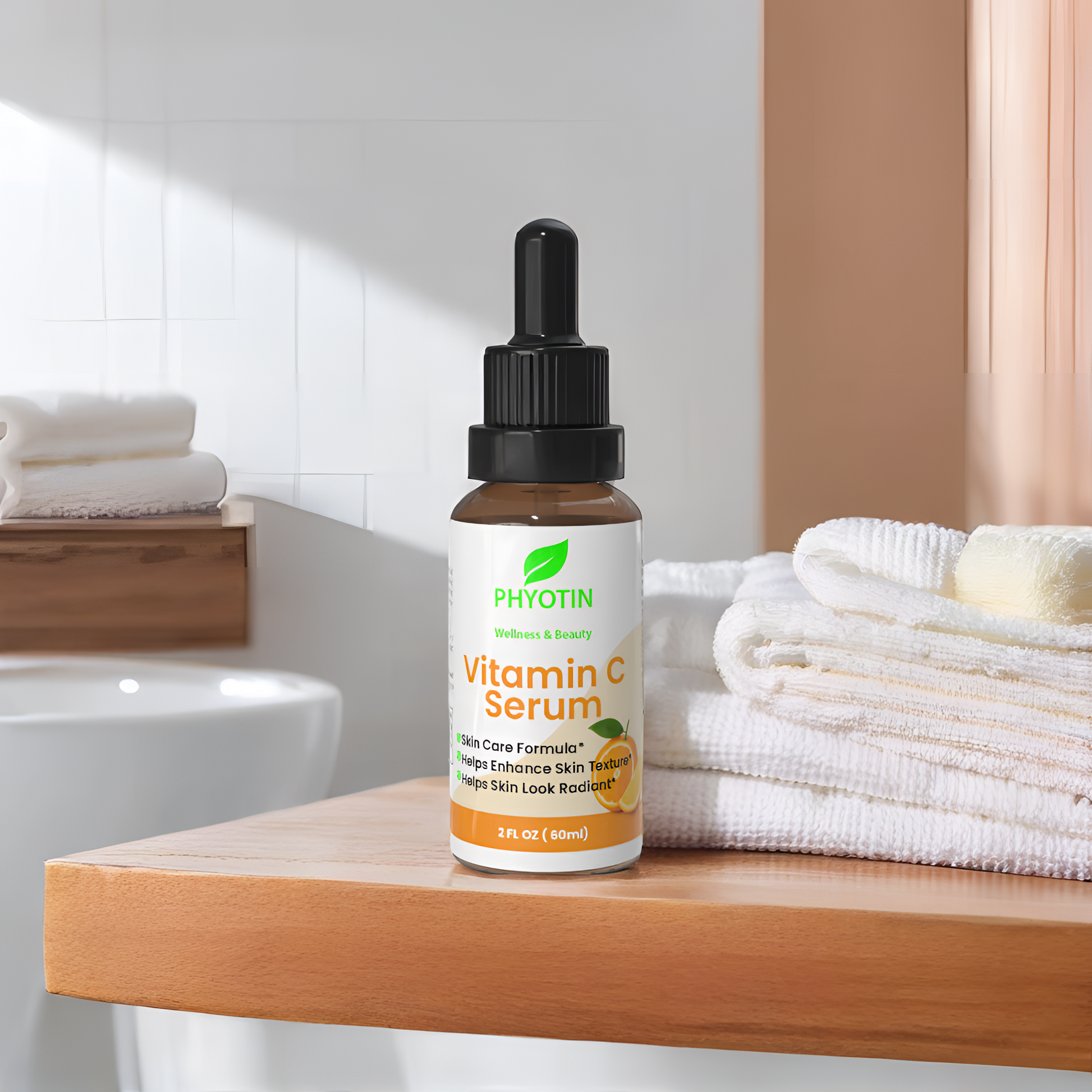 Phyotin Vitamin C Serum bottle on a bathroom counter with towels and a mirror in the background