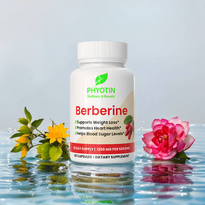 Supplement bottle labeled 'Berberine' by PHYOTIN with flowers in water