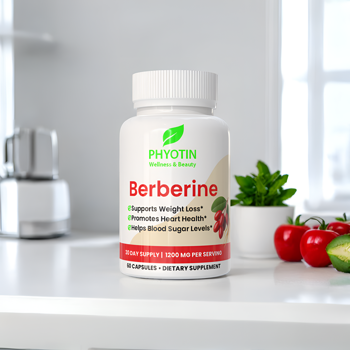 Supplement bottle labeled 'Berberine' by Phyotin on a kitchen counter with tomatoes and a plant in the background.