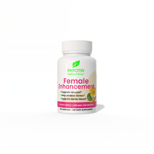 Phyotin Female Enhancement supplement bottle for libido, mood, and energy support
